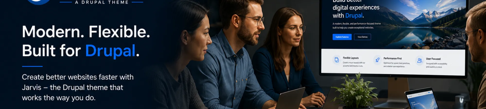Jarvis theme poster - people in front of a computer looking at a website